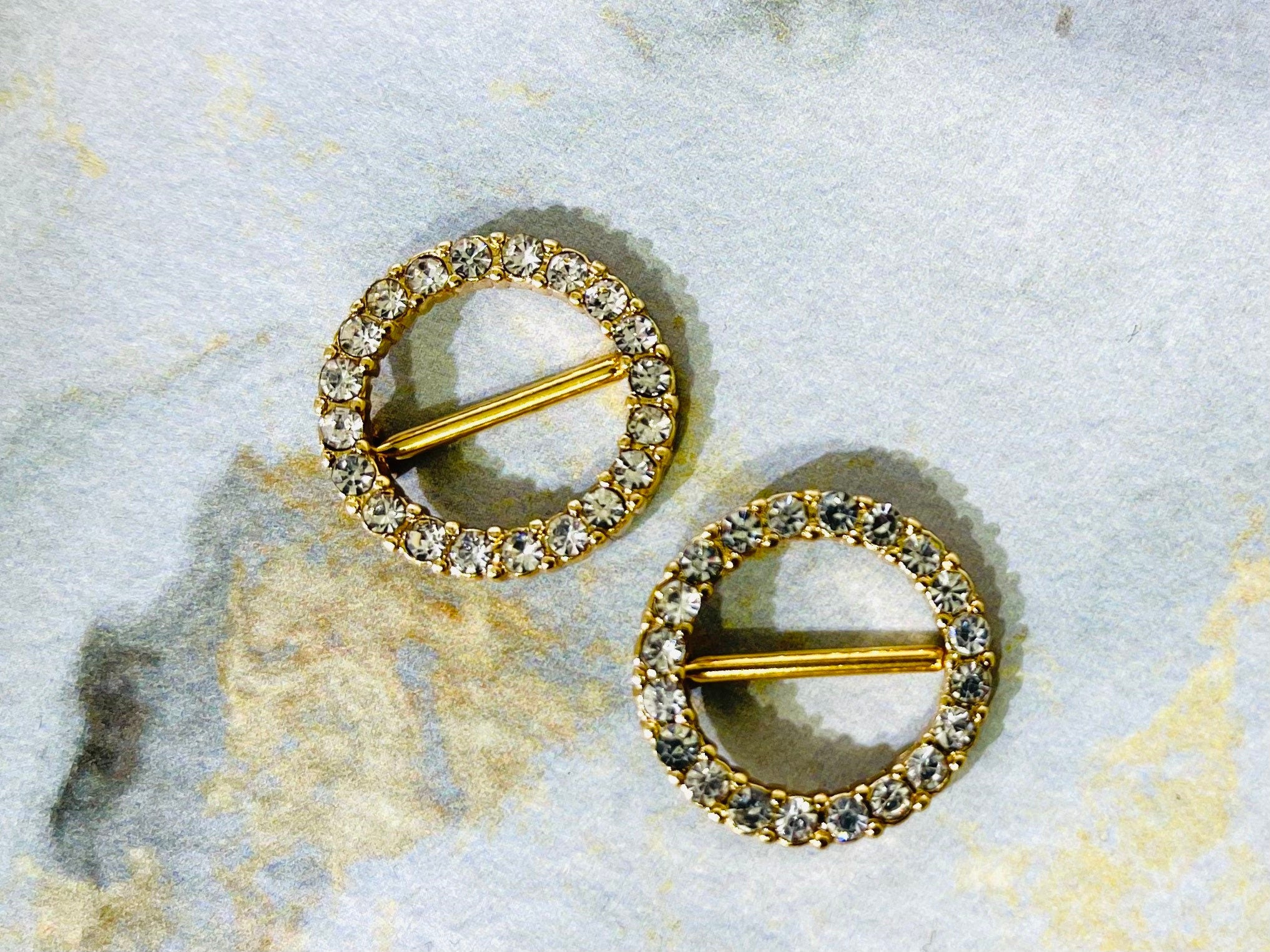 Pair of 14G Gold Clear Sparkling Stones Circle Nipple Clicker Shield. Nipple Rings. Nipple Piercing. Nipple Jewelry. Body Jewelry.