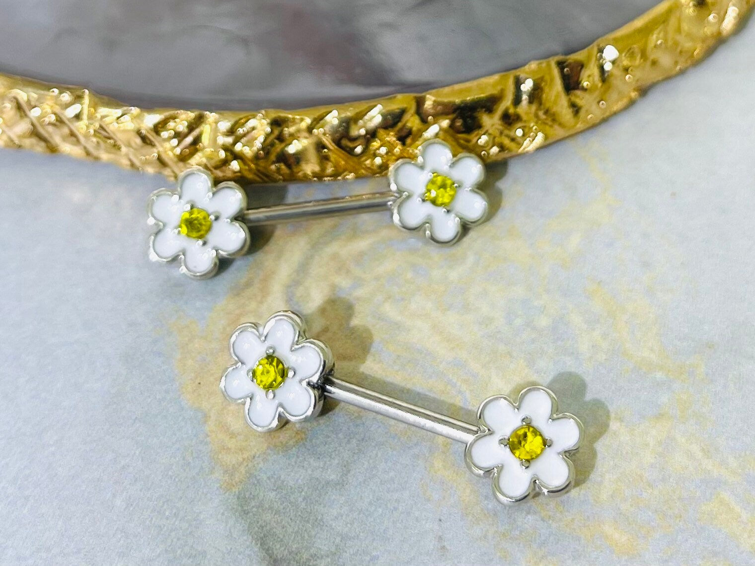 Pair of 14G White Daisy Flower with Center Stone Nipple Barbell. Nipple Piercing. Nipple Rings. Nipple Jewelry. Body Jewelry