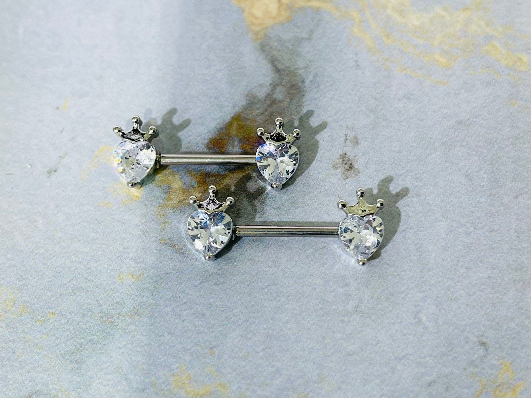 Pair of 14G Silver Hearts with Crown Nipple Barbells. Nipple Rings. Nipple Piercing. Nipple Jewelry. Body Jewelry.