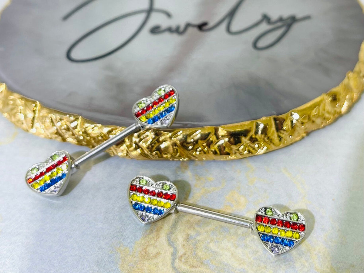 Pair of 14G Silver Multicolor Heart Nipple Barbell. Nipple Piercing. Nipple Rings. Nipple Jewelry.