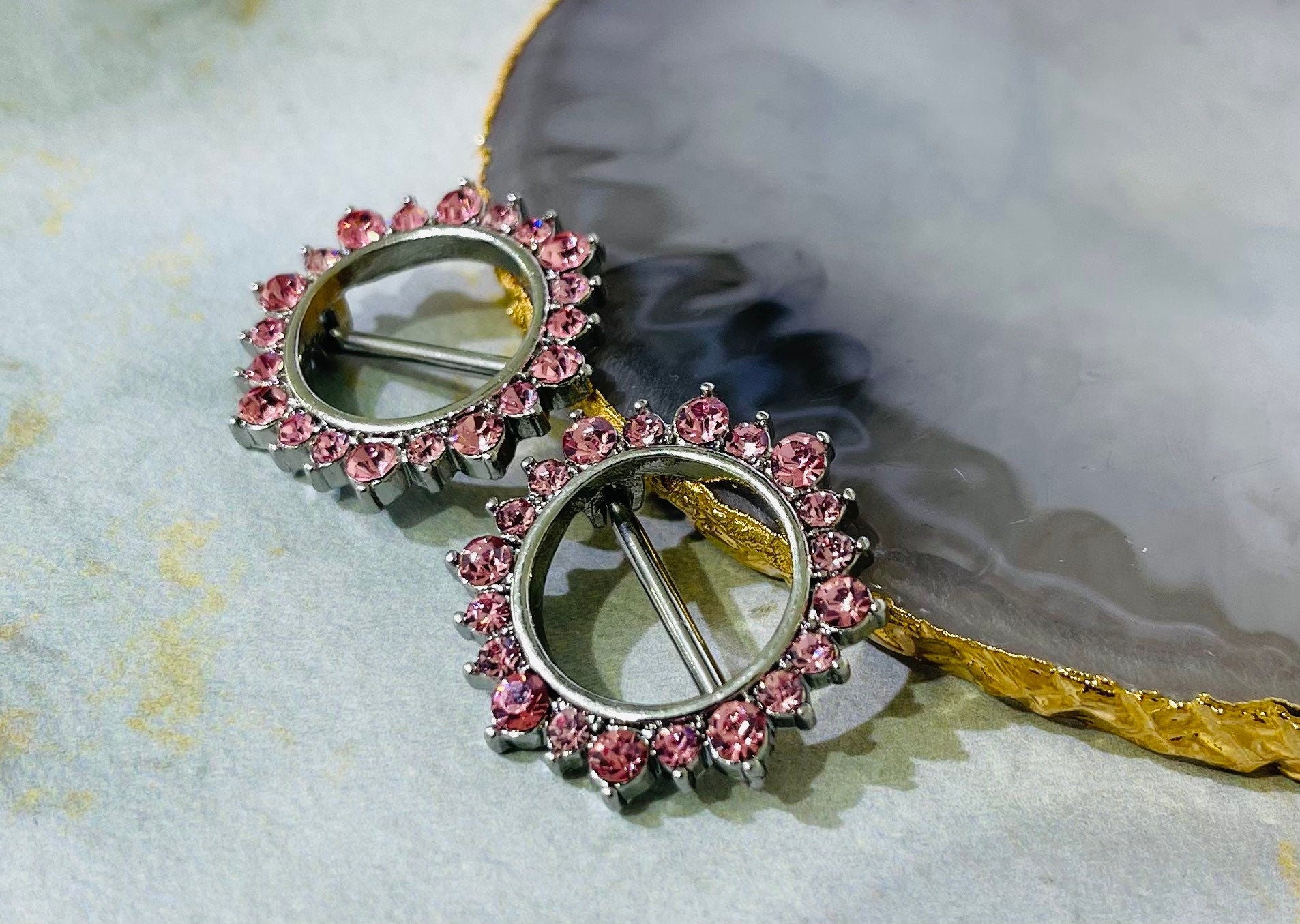 Pair of 14G Silver & Pink Stones Sunburst Nipple Clicker. Nipple Rings. Nipple Clicker. Nipple Piercing. Nipple Jewelry