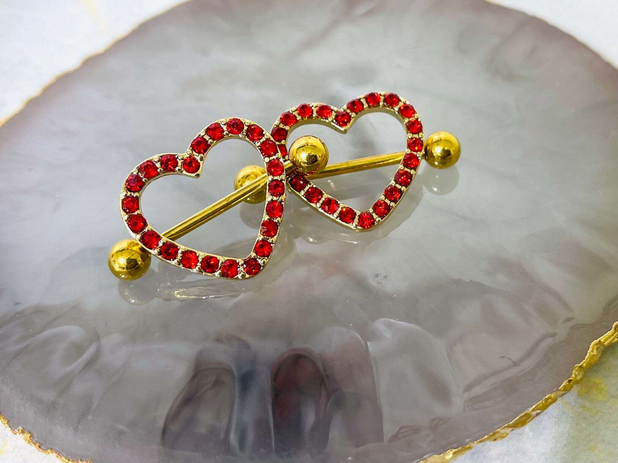 14G Gold Sparkling Heart with Paved Red Crystals Stones Nipple Barbells. Nipple Jewelry. Nipple Piercing.