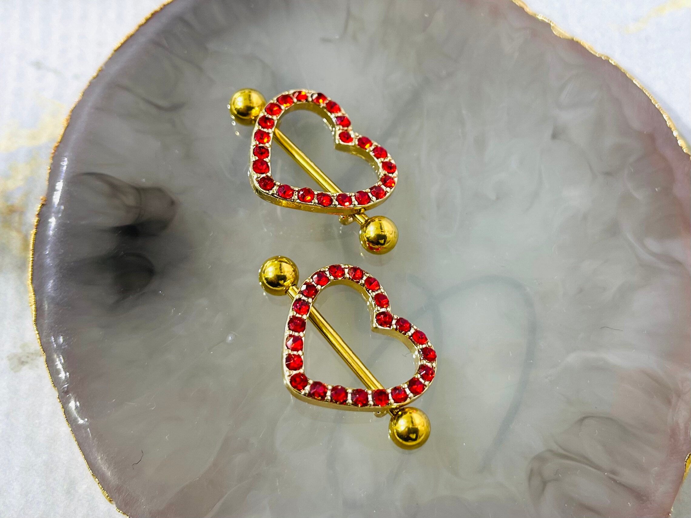 14G Gold Sparkling Heart with Paved Red Crystals Stones Nipple Barbells. Nipple Jewelry. Nipple Piercing.