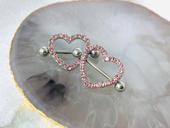 14G Silver Heart Paved Pink Crystal Stones Nipple Barbells. Nipple Jewelry. Nipple Piercing.