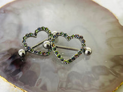 14G Silver Sparkling Heart with Paved Green Crystal Stones Nipple Barbells. Nipple Jewelry. Nipple Piercing. Body Jewelry.