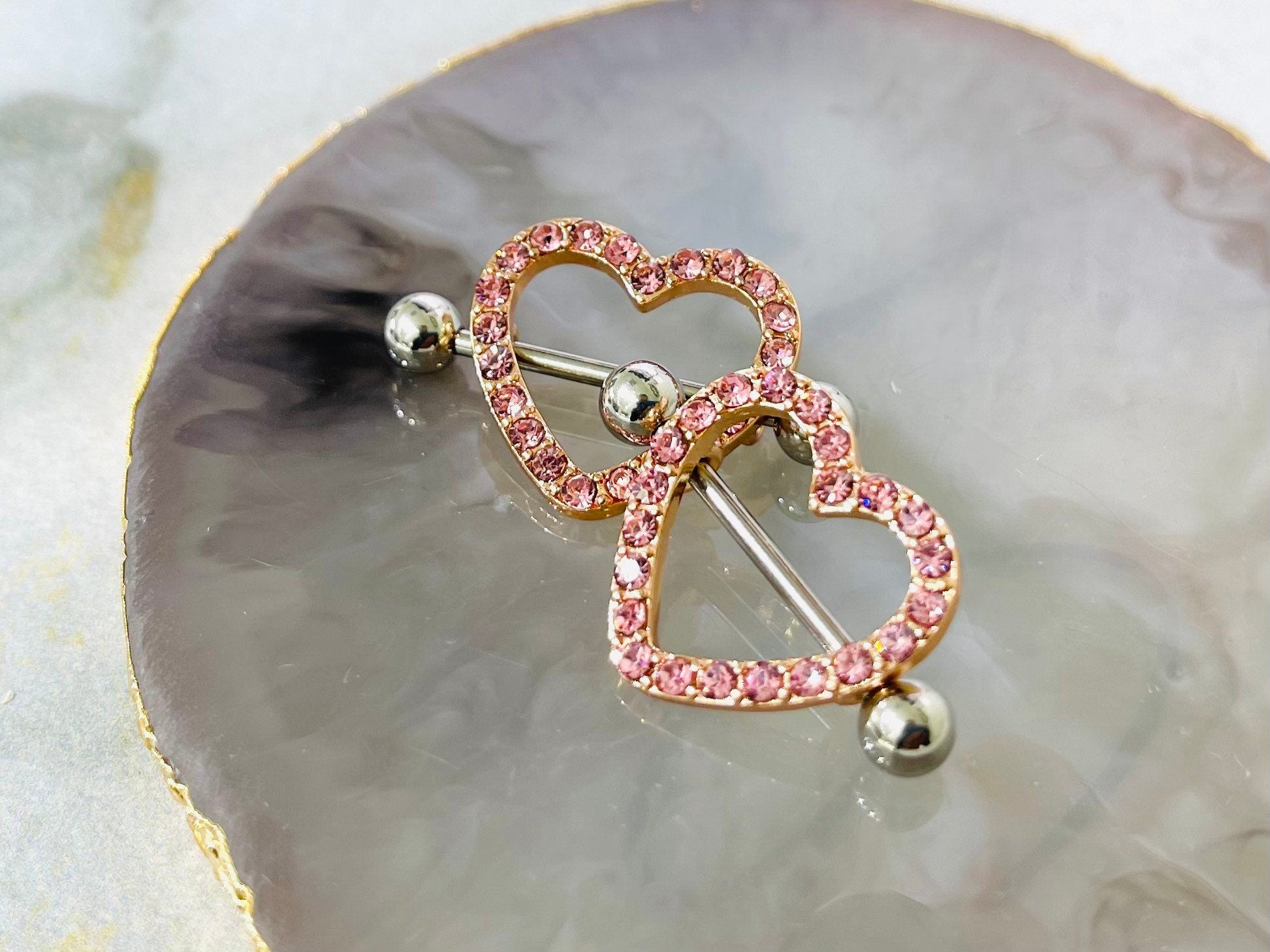 14G Rose Gold Sparkling Heart with Paved Pink Crystal Stones Nipple Barbells. Nipple Jewelry. Nipple Piercing. Body Jewelry.