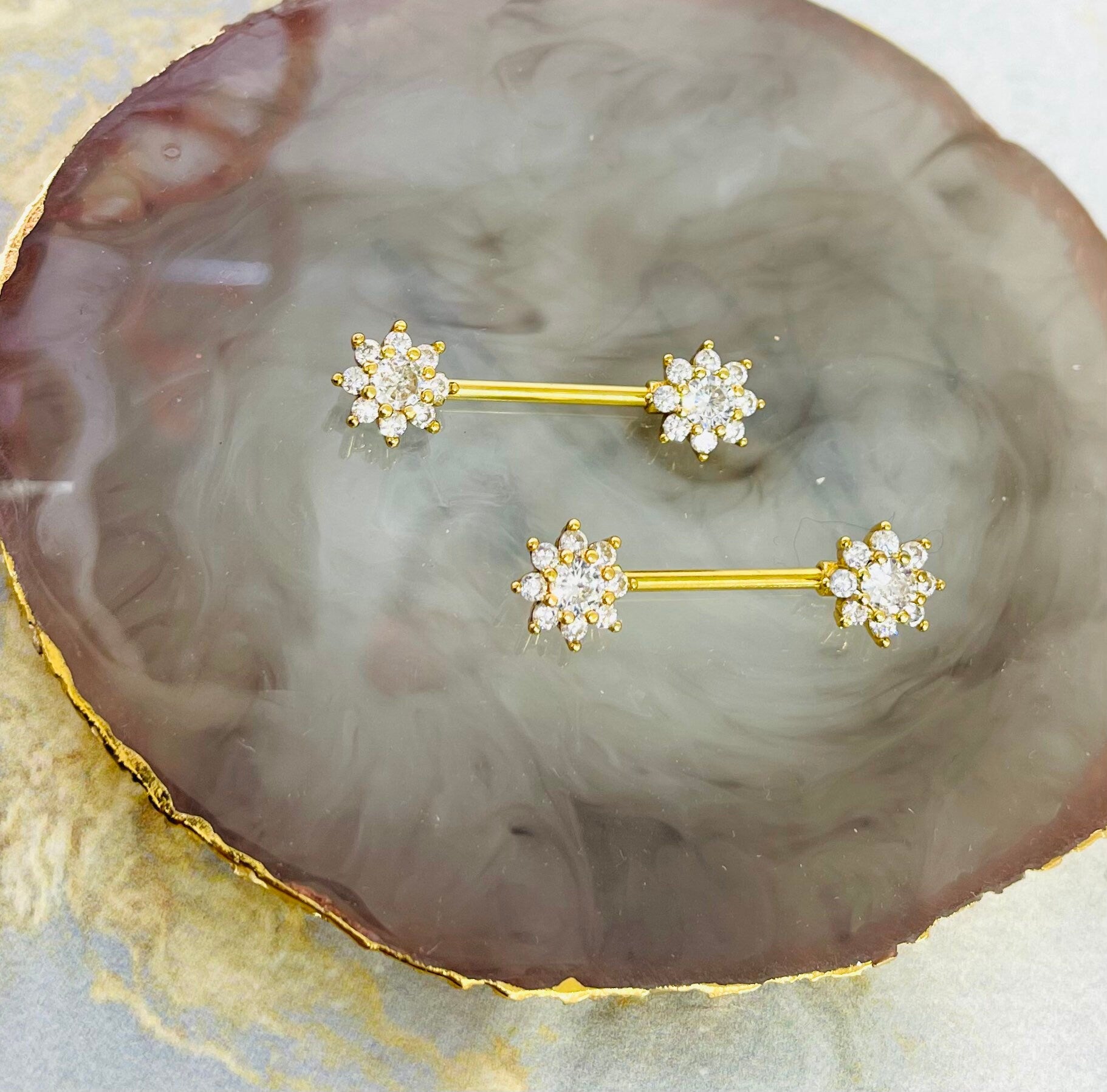 Pair of 14G Gold Sparkling Flower Gems Nipple Barbells. Nipple Piercing. Nipple Rings. Nipple Jewelry.