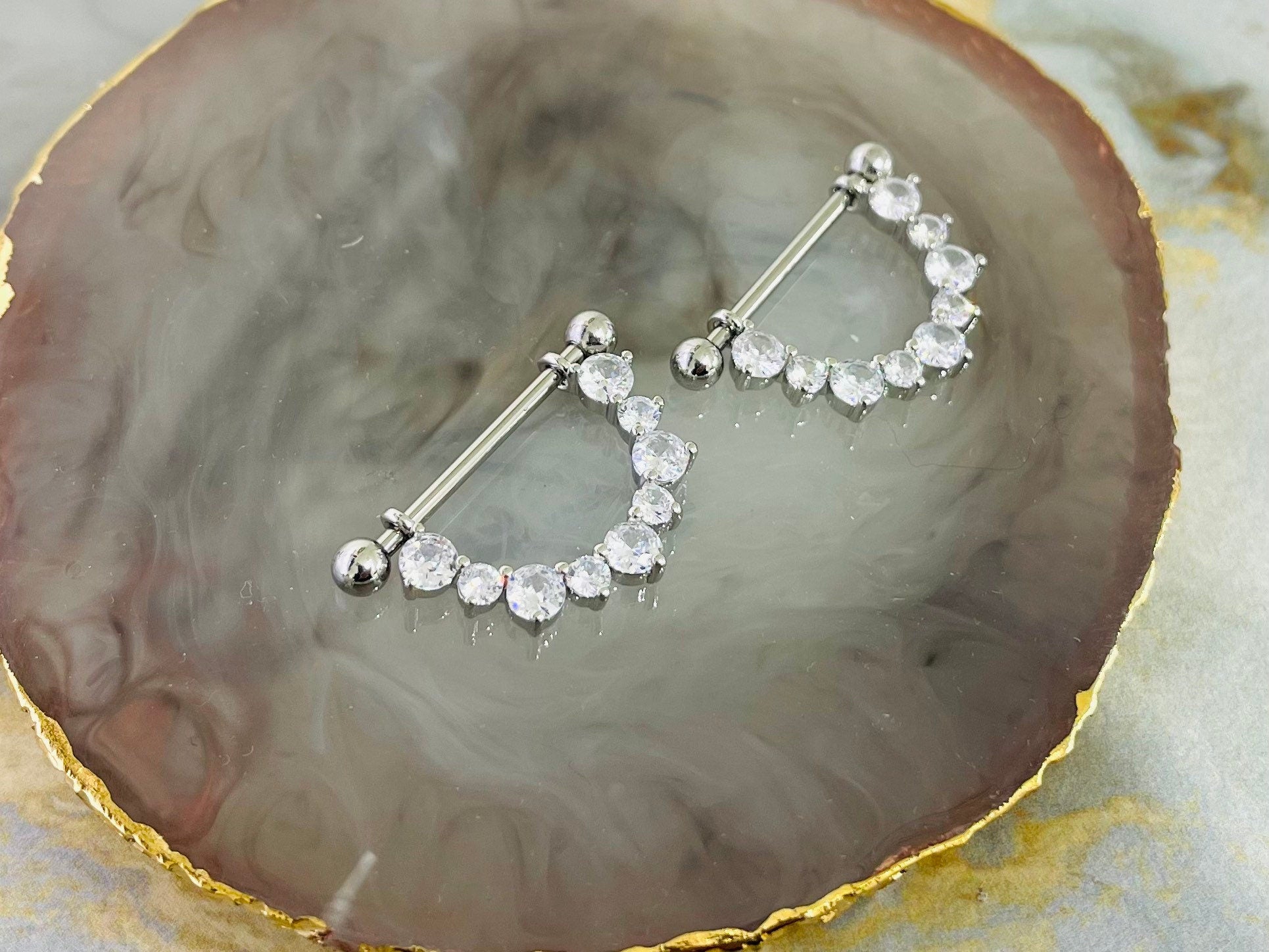 Pair of 14G Silver Sparkling Clear Stones Dangling Nipple Shield Ring. Nipple Rings. Nipple Piercing. Nipple Jewelry. Nipple Barbells.