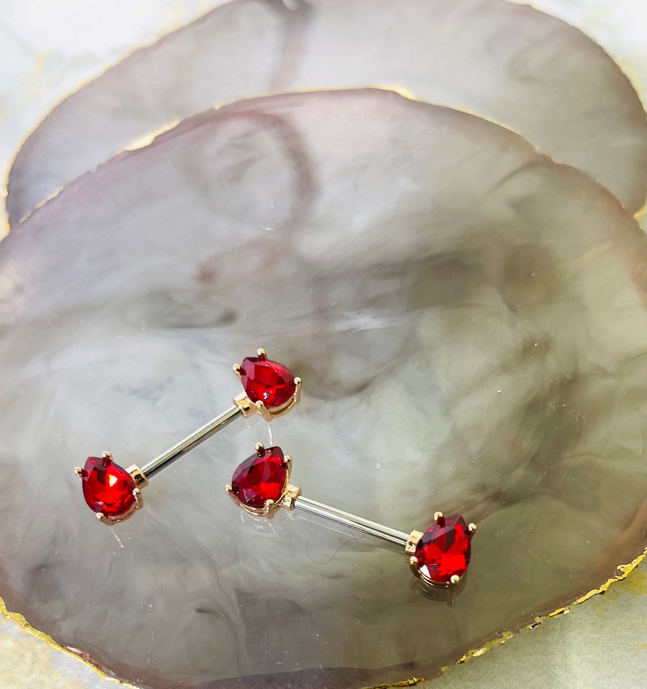 Pair of 14G Teardrop Red Gems with Rose Gold Accent Nipple Barbells. Nipple Rings. Nipple Piercing. Nipple Jewelry. Body Jewelry