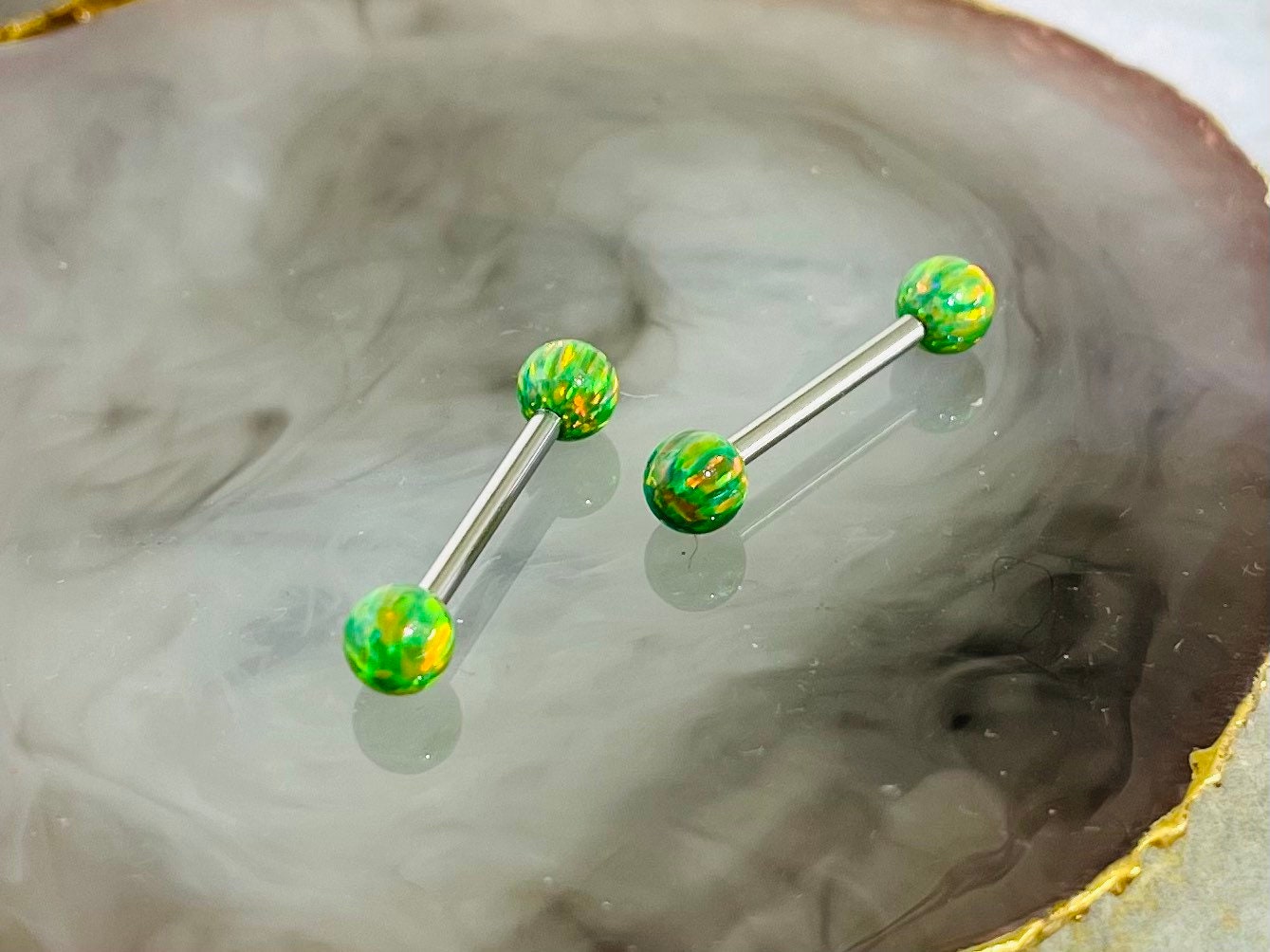 Pair of 14G Internally Threaded Green Opal End Nipple Barbell. Nipple Rings. Nipple Piercing. Nipple Jewelry.