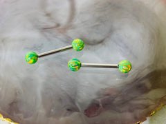 Pair of 14G Internally Threaded Green Opal End Nipple Barbell. Nipple Rings. Nipple Piercing. Nipple Jewelry.