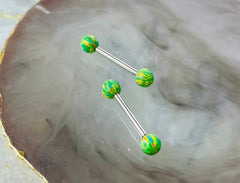 Pair of 14G Internally Threaded Green Opal End Nipple Barbell. Nipple Rings. Nipple Piercing. Nipple Jewelry.