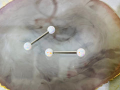 Pair of 14G Internally Threaded White Opal End Nipple Barbell. Nipple Rings. Nipple Piercing. Nipple Jewelry.