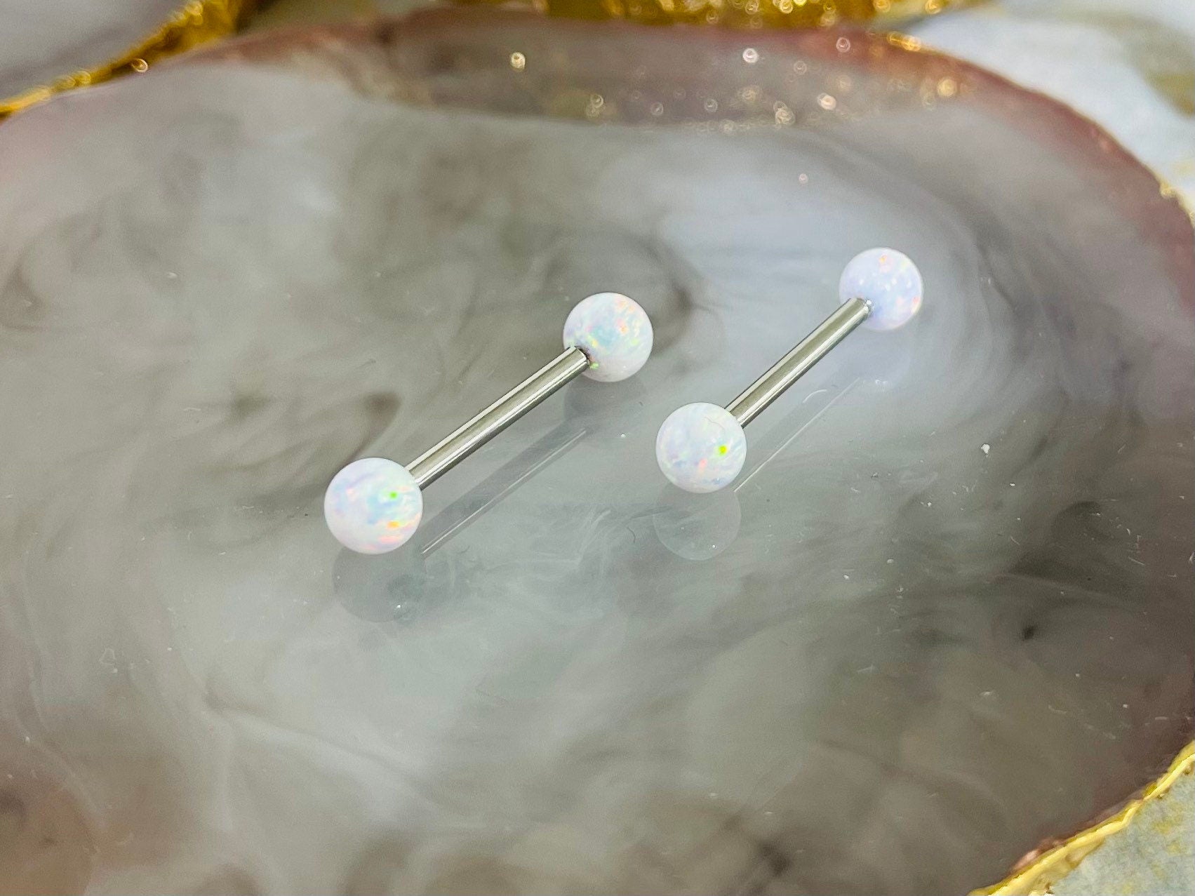 Pair of 14G Internally Threaded White Opal End Nipple Barbell. Nipple Rings. Nipple Piercing. Nipple Jewelry.