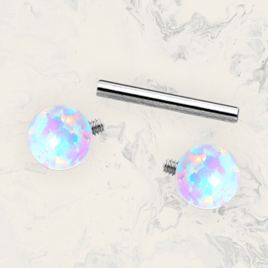 Pair of 14G Internally Threaded White Opal End Nipple Barbell. Nipple Rings. Nipple Piercing. Nipple Jewelry.