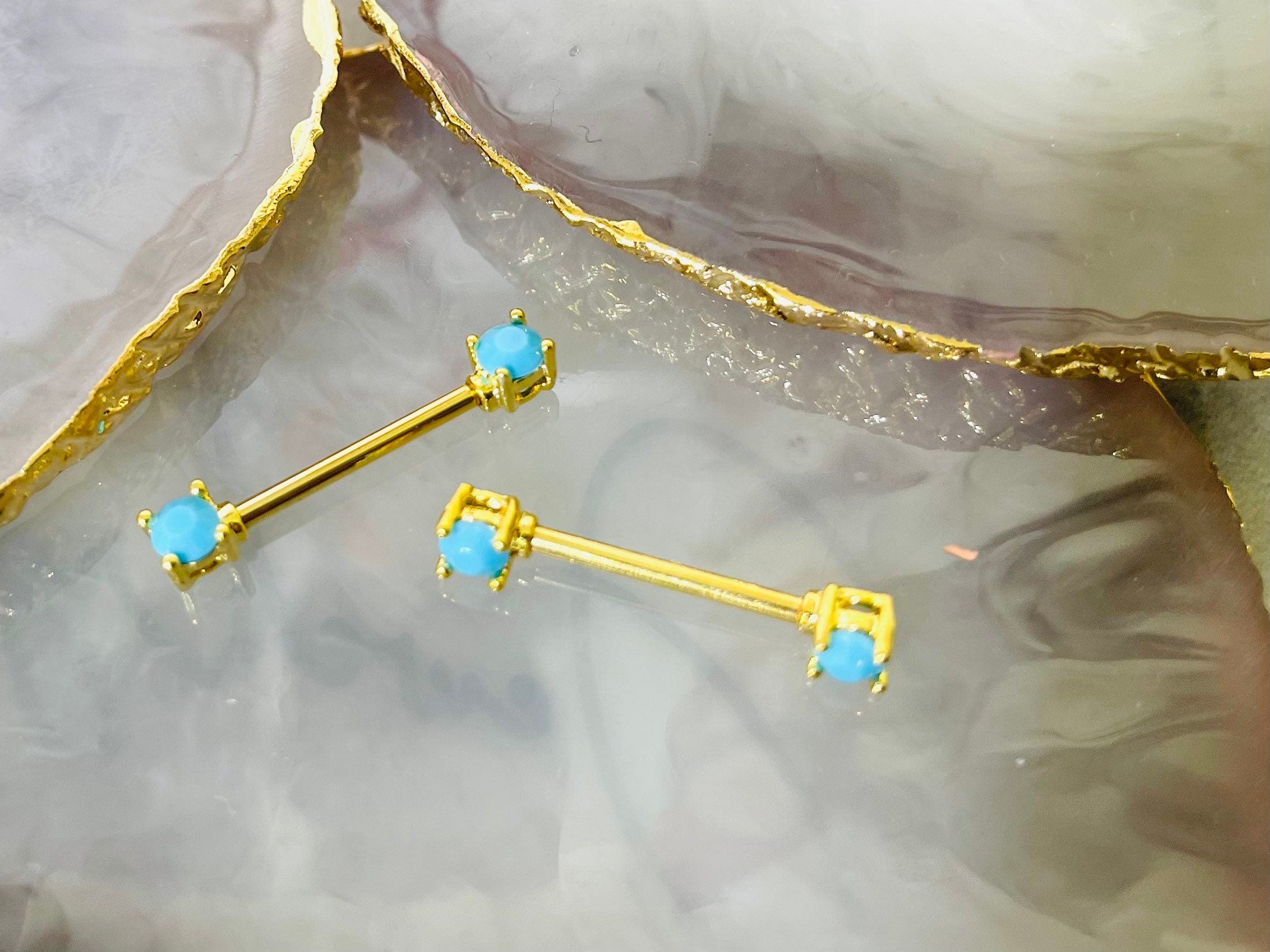 Pair of 14G Gold Turquoise Nipple Barbell. Nipple Rings. Nipple Piercing. Nipple Jewelry. Body Jewelry. Body Piercing.