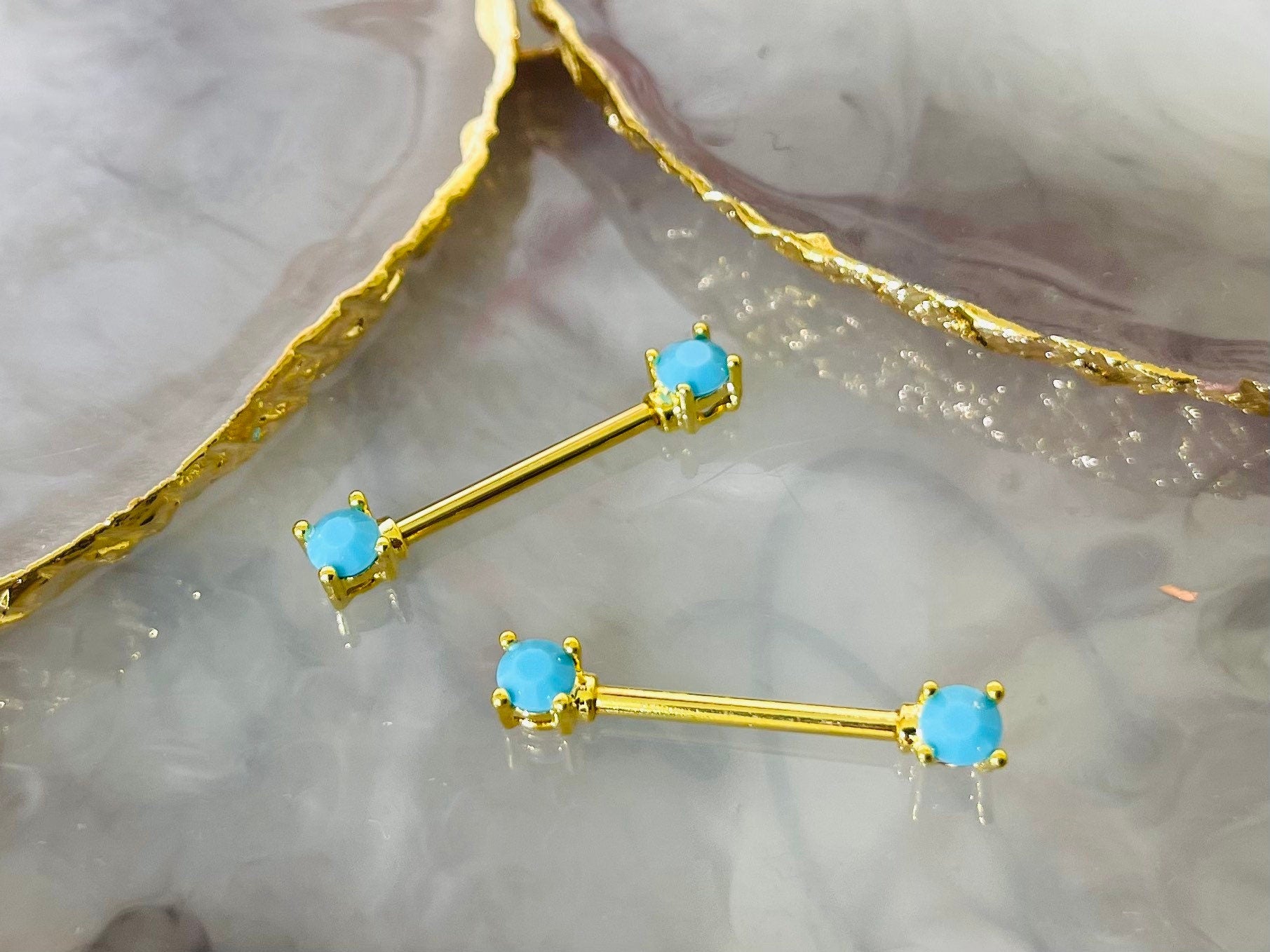 Pair of 14G Gold Turquoise Nipple Barbell. Nipple Rings. Nipple Piercing. Nipple Jewelry. Body Jewelry. Body Piercing.