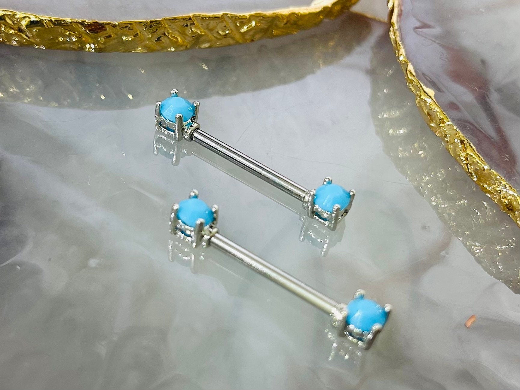 Pair of 14G Silver Turquoise Gem Nipple Barbell. Nipple Rings. Nipple Piercing. Nipple Jewelry. Body Jewelry. Body Piercing.