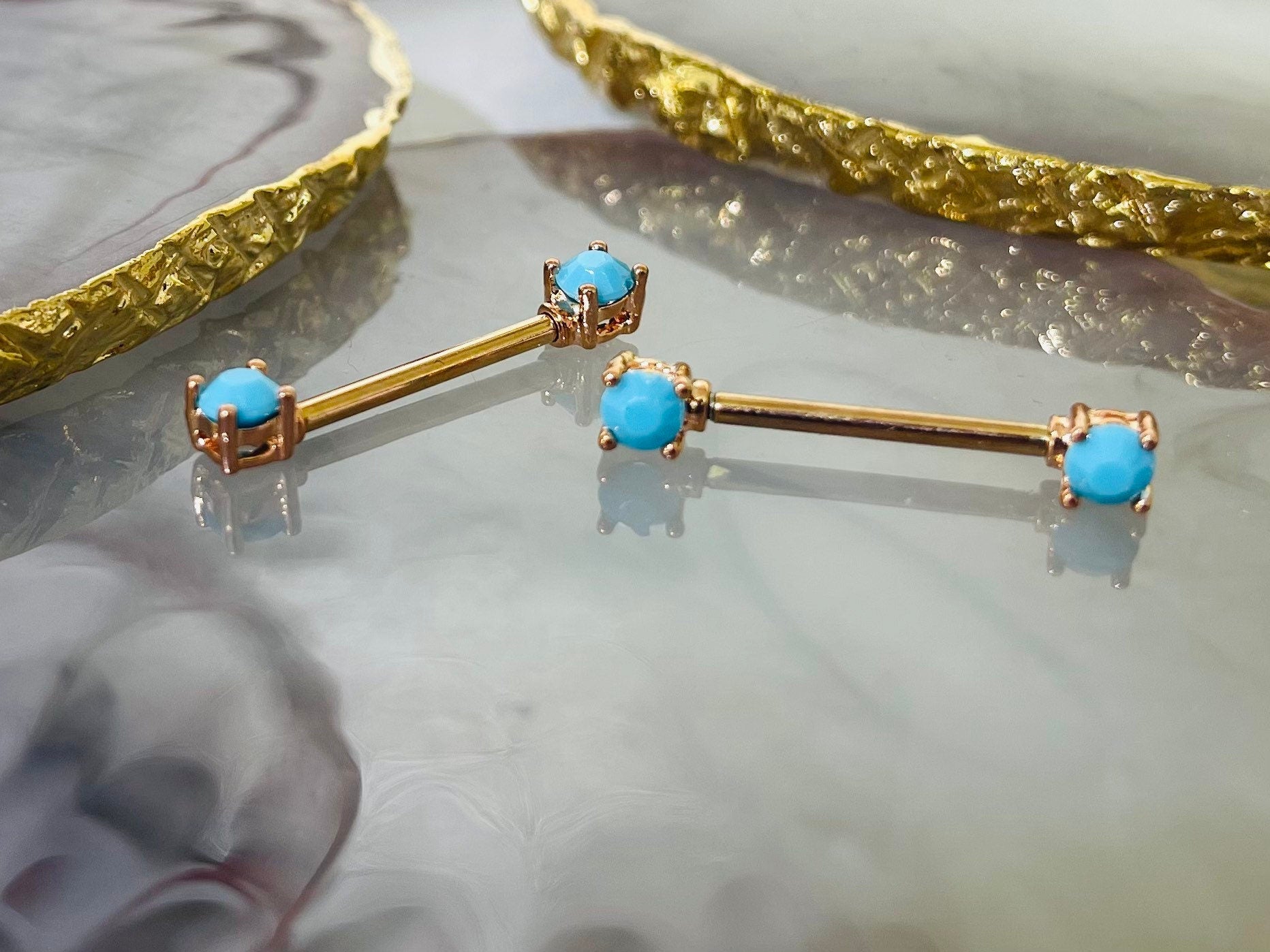 Pair of 14G Rose Gold Turquoise Gem Nipple Barbell. Nipple Rings. Nipple Piercing. Nipple Jewelry. Body Jewelry. Body Piercing.