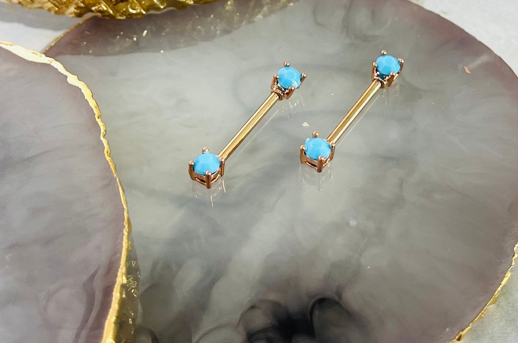 Pair of 14G Rose Gold Turquoise Gem Nipple Barbell. Nipple Rings. Nipple Piercing. Nipple Jewelry. Body Jewelry. Body Piercing.