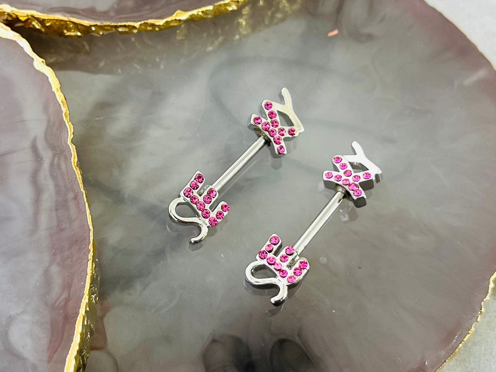 Pair of 14G SEXY with Pink Gems Nipple Barbells. Nipple Piercing. Nipple Rings. Nipple Jewelry.