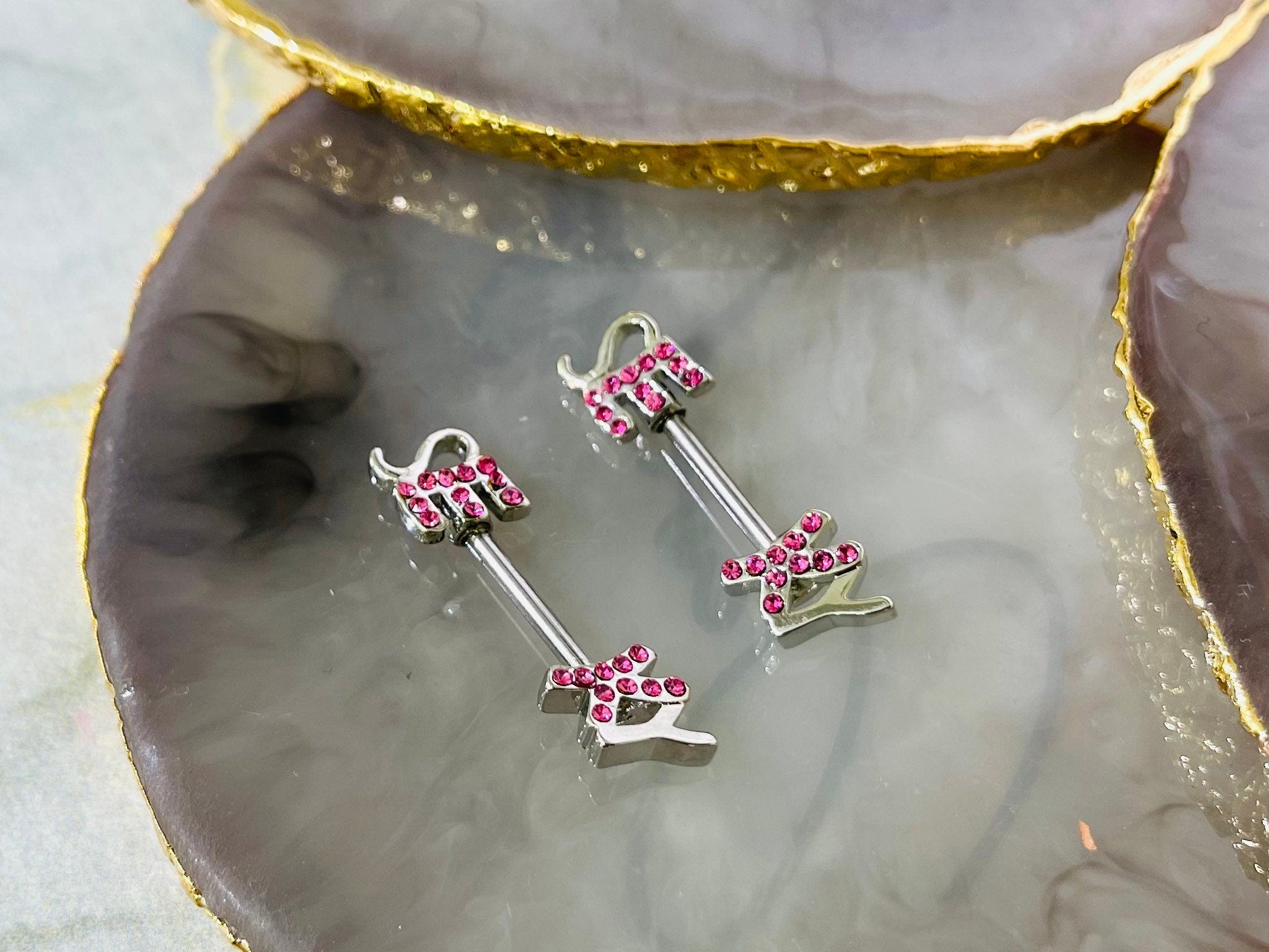 Pair of 14G SEXY with Pink Gems Nipple Barbells. Nipple Piercing. Nipple Rings. Nipple Jewelry.