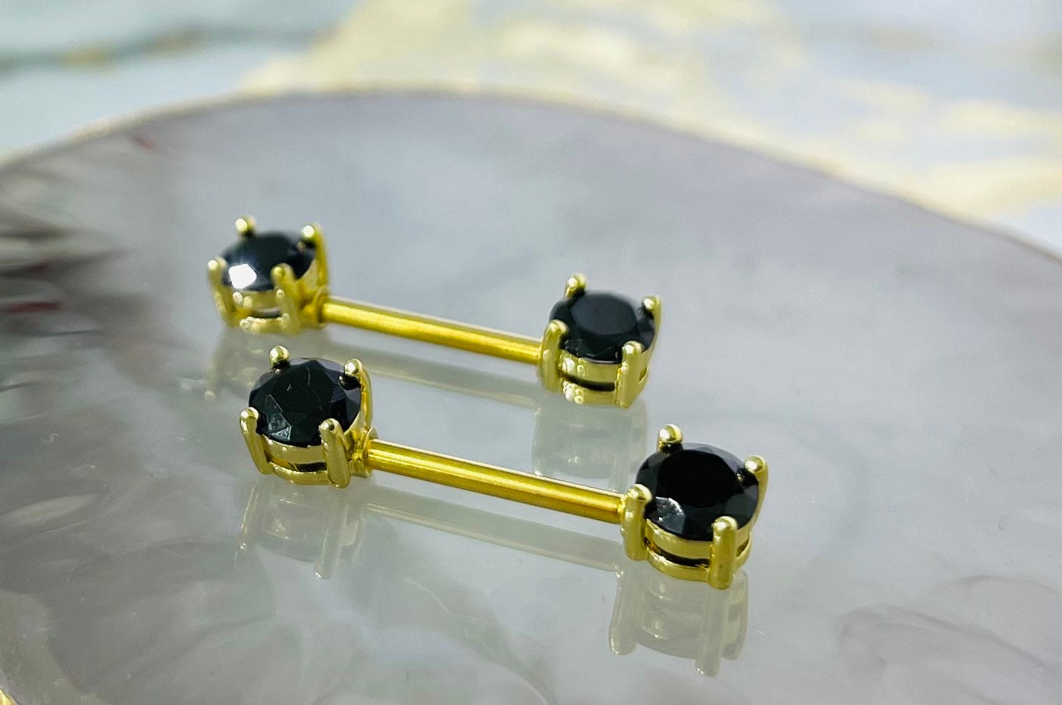 Pair of 14G Gold and Black Round Gems Nipple Barbells. Nipple Piercing. Nipple Ring. Nipple Jewelry. Body Jewelry. Nipple Barbells.