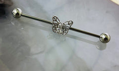 14G Silver Butterfly with center CZ stone Industrial  barbell. Industrial Piercing. Industrial Barbell. Ear Piercing. Body Jewelry.