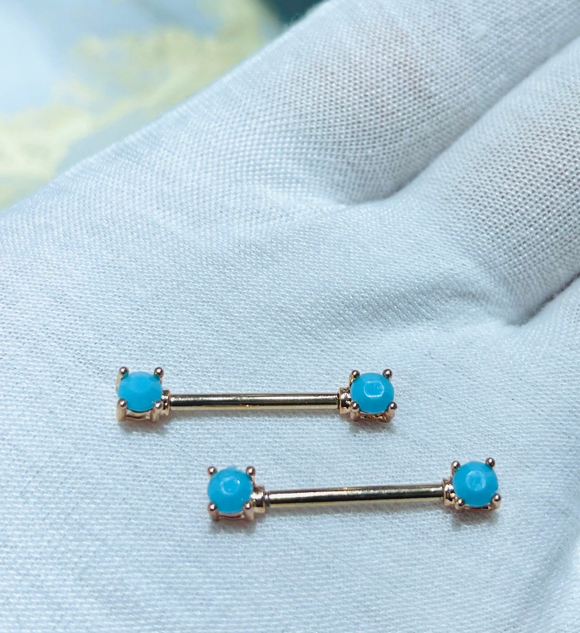 Pair of 14G Rose Gold Turquoise Gem Nipple Barbell. Nipple Rings. Nipple Piercing. Nipple Jewelry. Body Jewelry. Body Piercing.