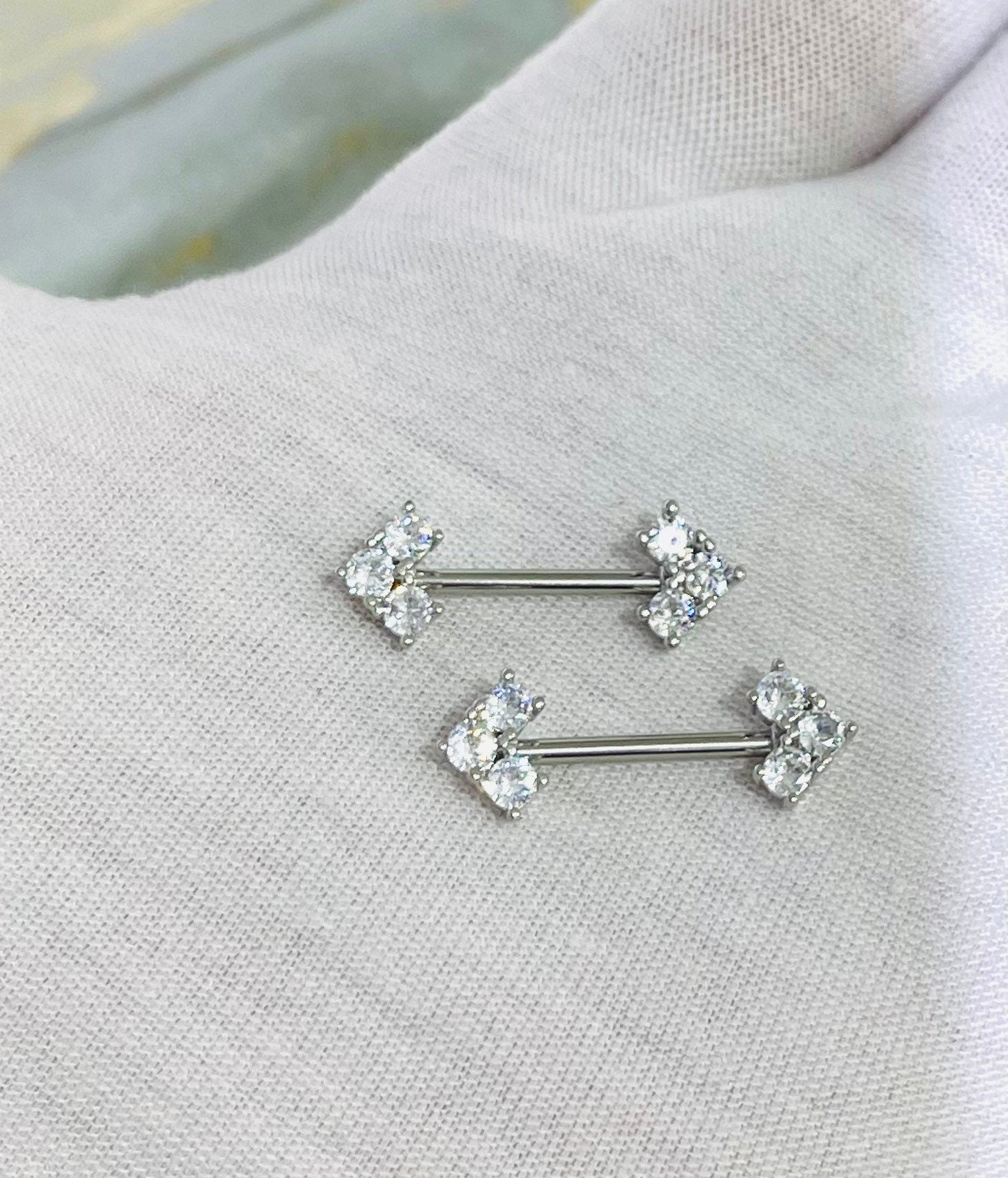 14G Silver Sparkling Gem Nipple Barbells. Nipple Rings. Nipple Piercing. Nipple Jewelry. Body Jewelry.