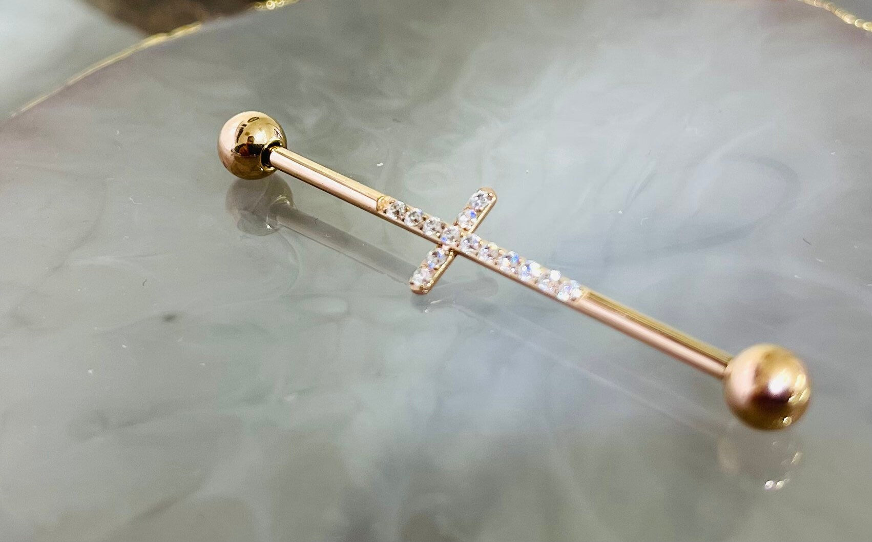 Implant Grade Titanium Rose Gold Industrial Barbell with Clear Gems Cross. Industrial Piercing.