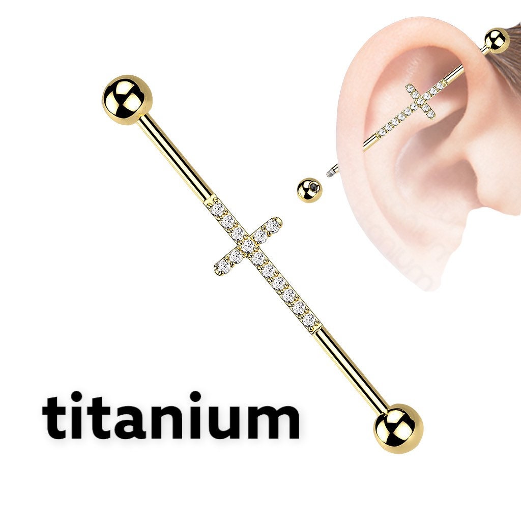 Implant Grade Titanium Gold Industrial Barbell with Clear Gems Cross. Industrial Piercing.