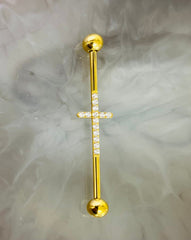 Implant Grade Titanium Gold Industrial Barbell with Clear Gems Cross. Industrial Piercing.