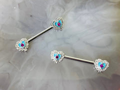 A set of Silver Filigree Heart Nipple Barbell