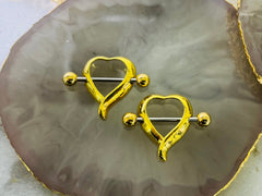 Set of 14G Plain Gold Heart Shape Nipple Shield. Nipple Rings. Nipple Piercing. Nipple Jewelry