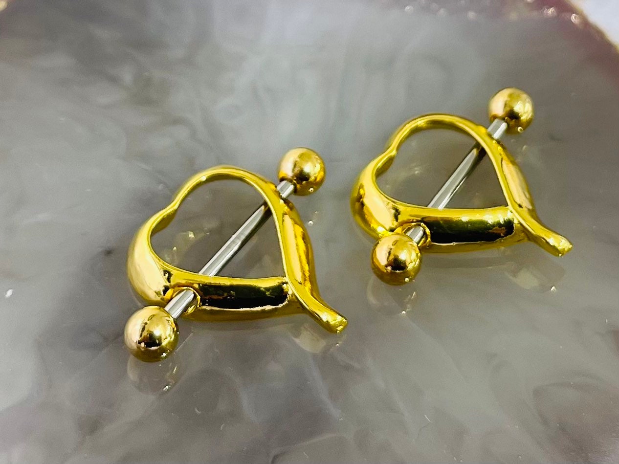 Set of 14G Plain Gold Heart Shape Nipple Shield. Nipple Rings. Nipple Piercing. Nipple Jewelry