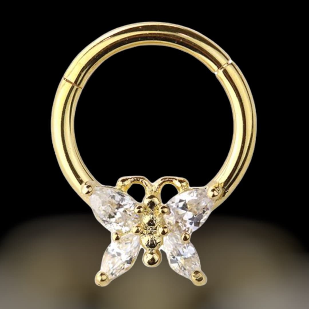 16G Gold Butterfly Front Facing Clicker Ring for Septum, Helix, Tragus & More. Septum Clicker. Helix Piercing. Nose Ring. Septum Jewelry.