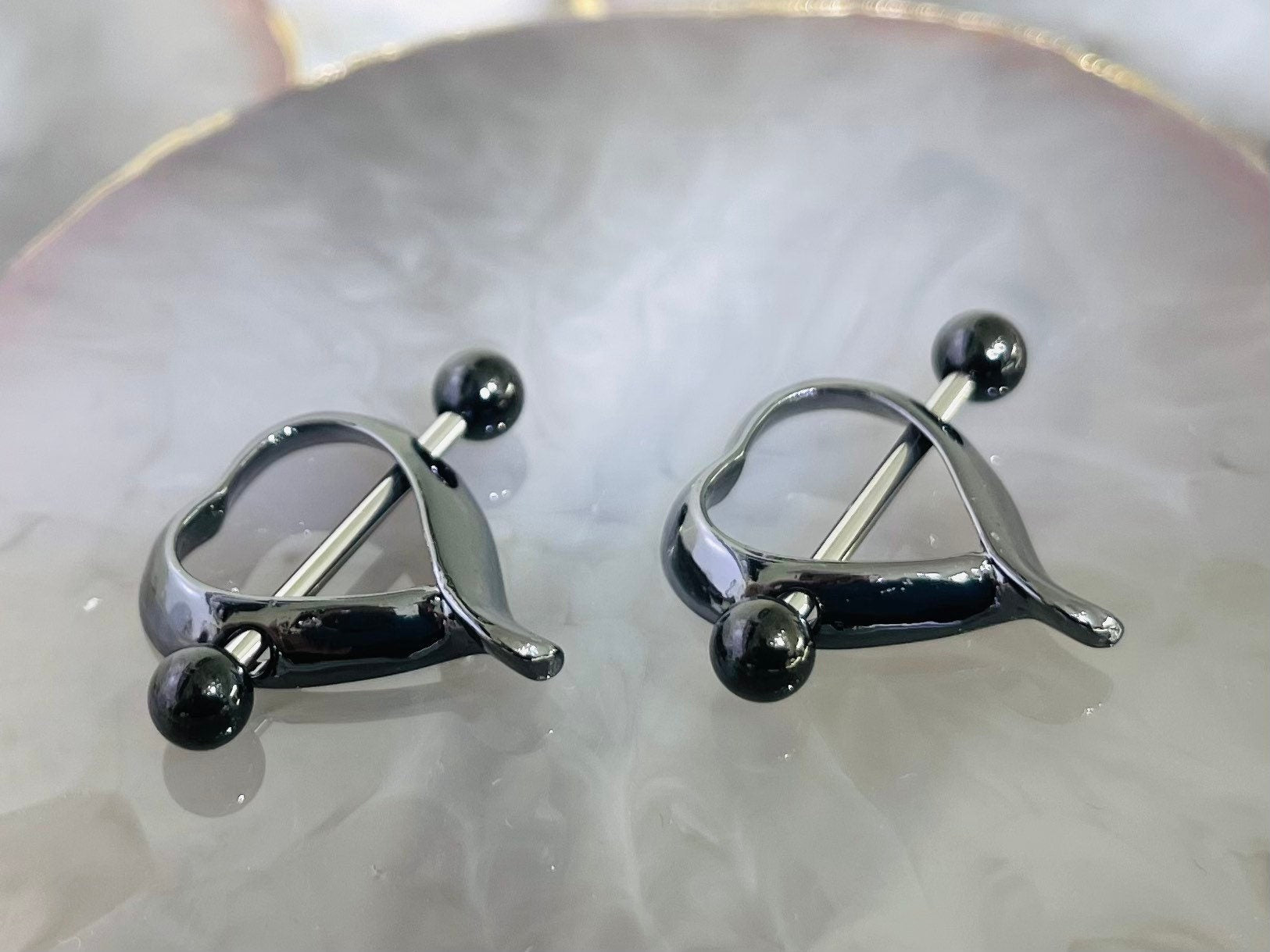 Set of 14G Plain Black Heart Shape Nipple Shield. Nipple Rings. Nipple Piercing. Nipple Jewelry