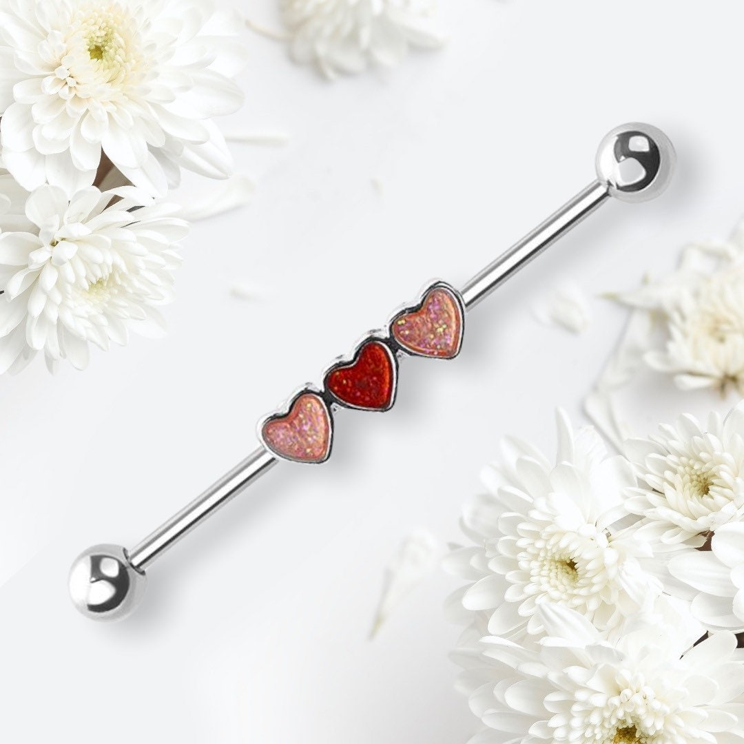 14G Silver Multicolored Triple Heart Center Industrial Barbell. Industrial Piercing. Ear Piercing. Earrings. Body Jewelry.