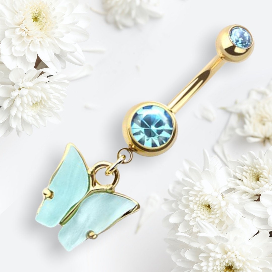 14G Gold & Aqua Acrylic Butterly Dangling Belly Button Ring. Navel Ring. Navel Piercing. Belly Ring. Body Jewelry. Body Piercing.