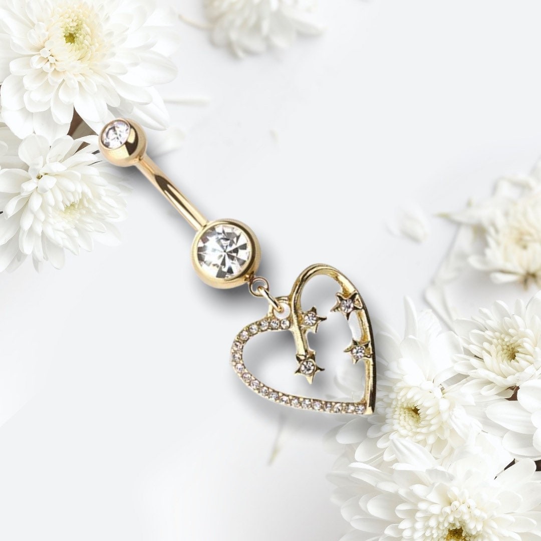 Golden Heart &Shooting Stars Belly Button Ring. Navel Ring. Navel Piercing. Belly Ring. Body Jewelry