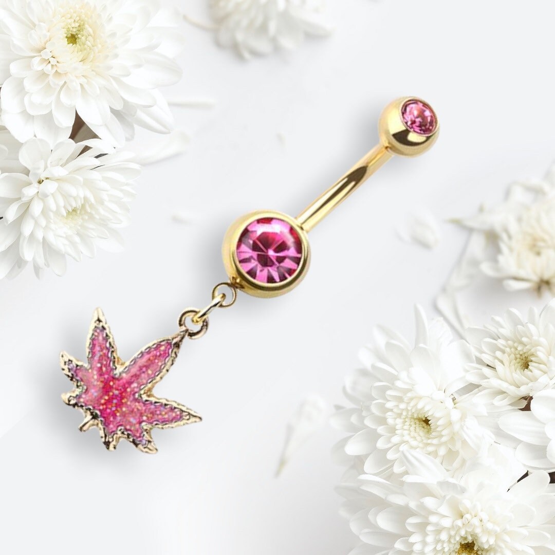 Gold & Pink Glittered Marijuana Dangling Belly Button Ring. Navel Ring. Belly Piercing.