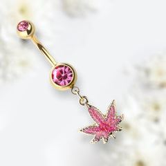 Gold & Pink Glittered Marijuana Dangling Belly Button Ring. Navel Ring. Belly Piercing.