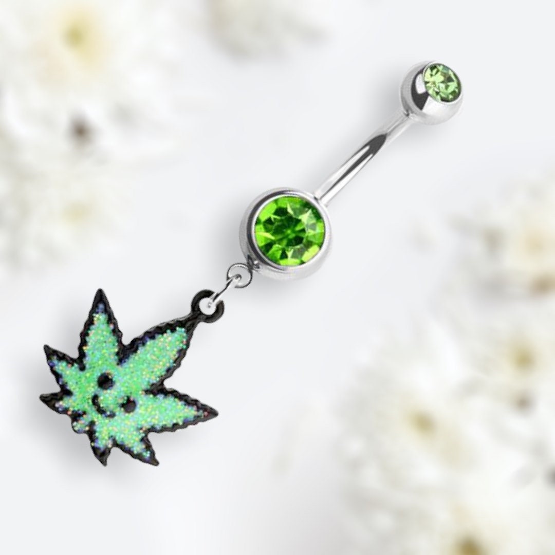 Silver Green Glitter smiling Face Marijuana Dangling Belly Button Ring. Belly Ring. Belly Piercing