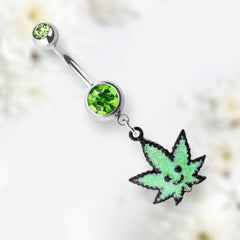 Silver Green Glitter smiling Face Marijuana Dangling Belly Button Ring. Belly Ring. Belly Piercing