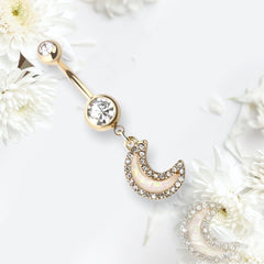 Golden White Opal Moon Dangling Belly Button Ring