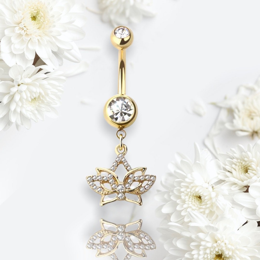 Golden Lotus Flower Dangling Belly Button Ring