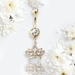 Golden Lotus Flower Dangling Belly Button Ring