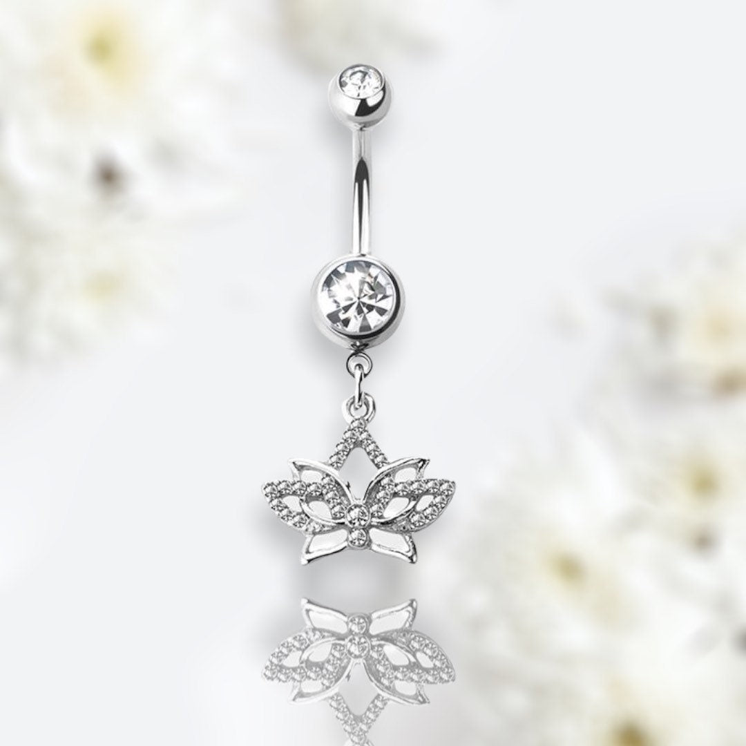 Silver Lotus Flower with Clear Gems Dangling Belly Button Ring