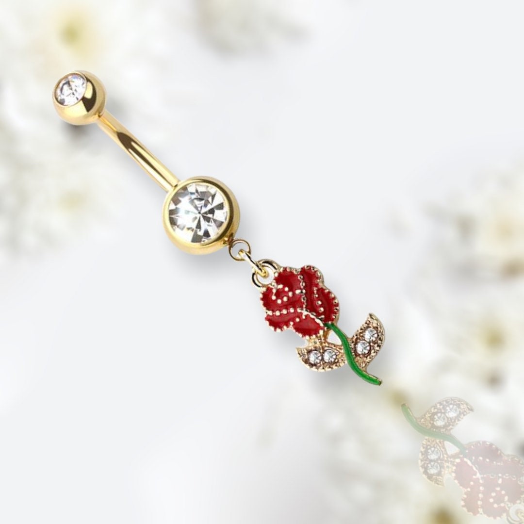 Golden Red Rose with Clear Stones Dangling Belly Button Ring